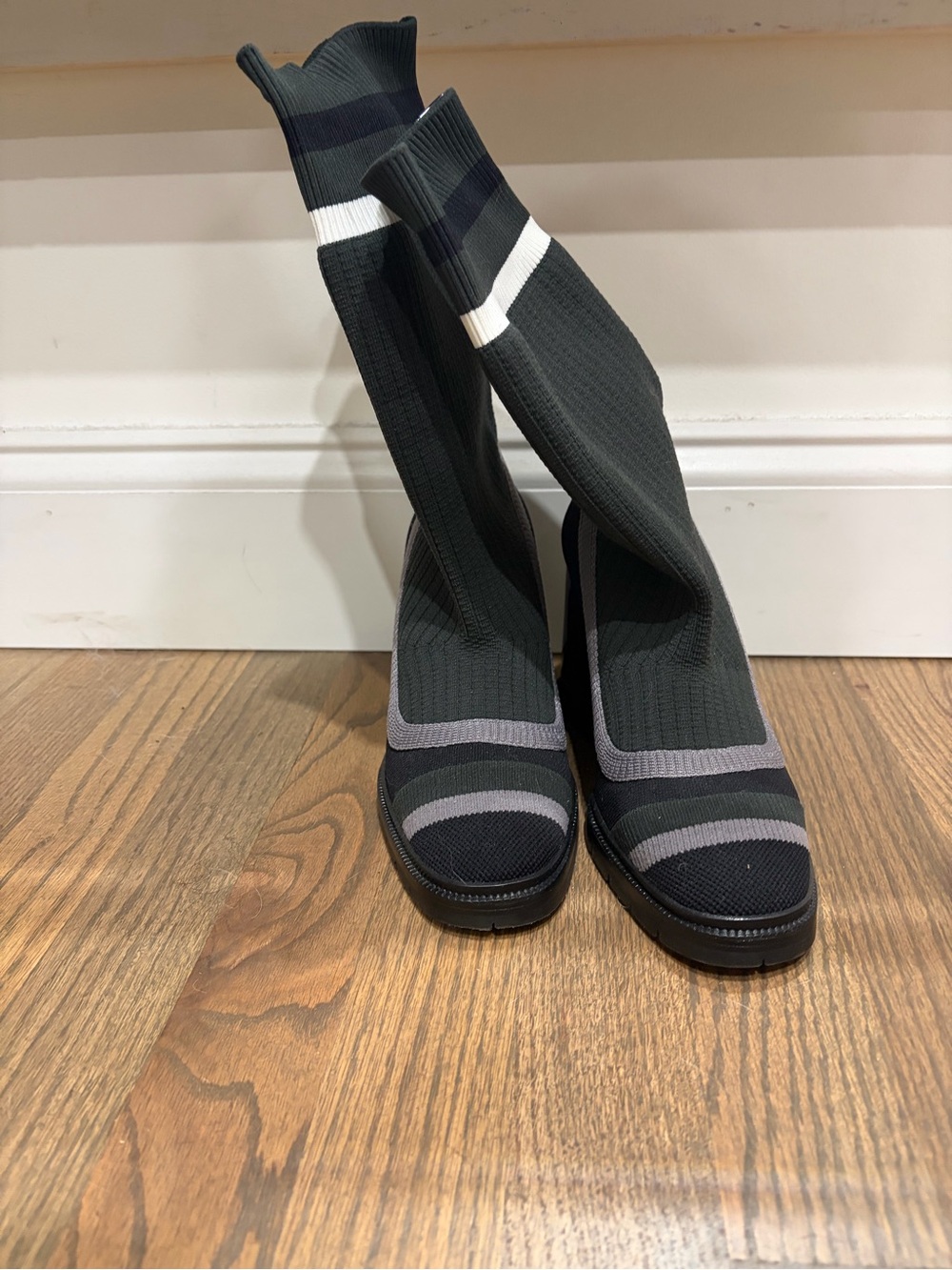 Knit Sock Ankle Boots with Black, Gray & White Stripe Detail